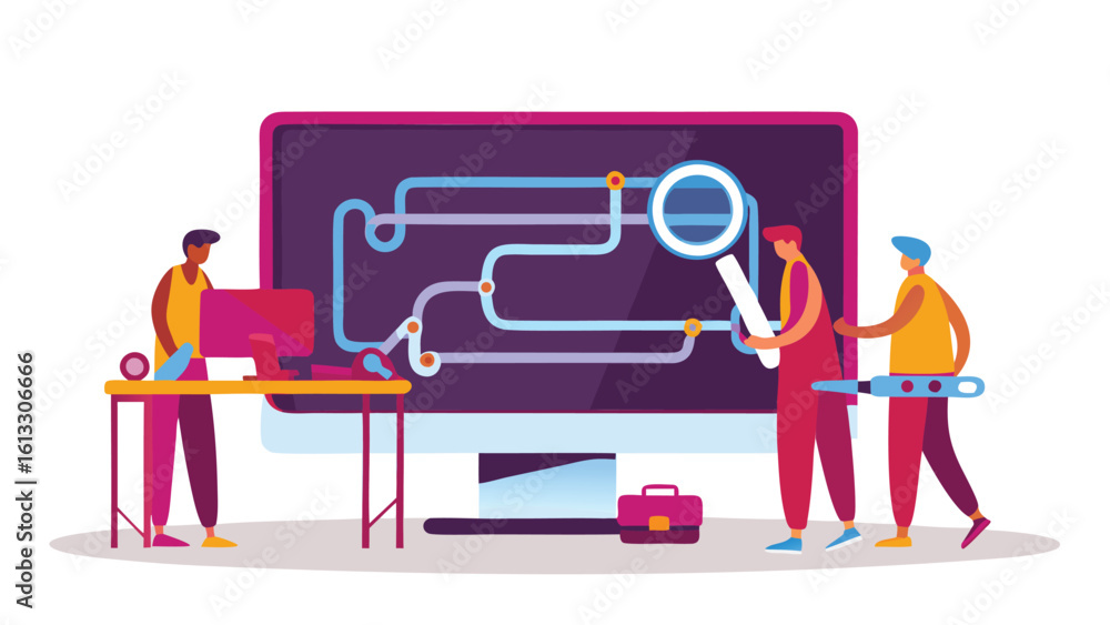Poster three people analyzing a complex circuit diagram on a large computer screen with a magnifying glass