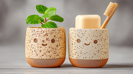 Smiling Cups with Plants and Bathroom Accessories