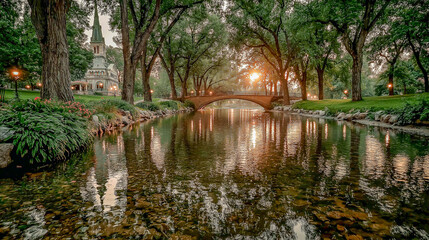 Serene Park Bridge Over Tranquil River At Sunset