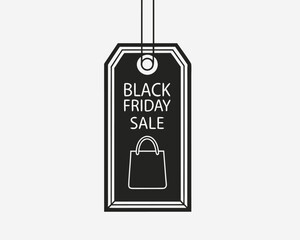Black Friday sale tag is hanging with shopping bag icon marked visibly