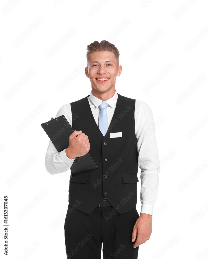 Poster smiling receptionist in uniform with clipboard on white background