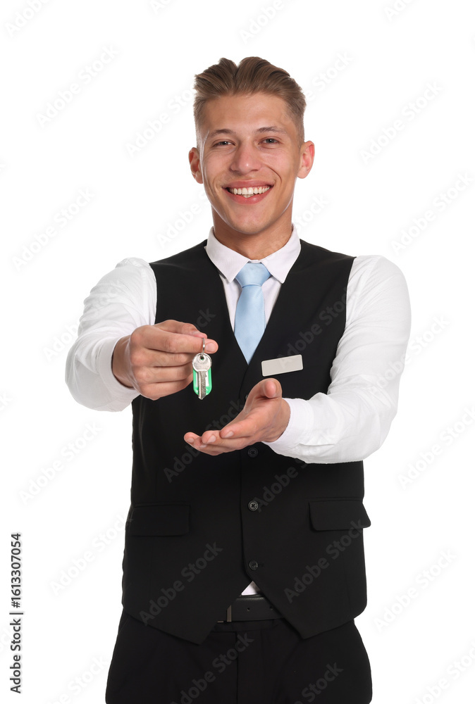 Poster smiling receptionist in uniform with guest room key on white background