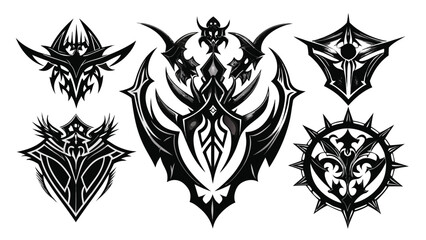 Fototapeta premium Collection of intricate black and white vector graphic designs featuring abstract geometric symbols and decorative elements