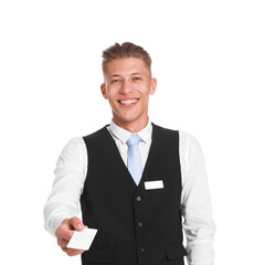 Smiling receptionist in uniform giving hotel key card on white background