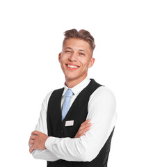 Smiling receptionist in uniform with crossed arms on white background
