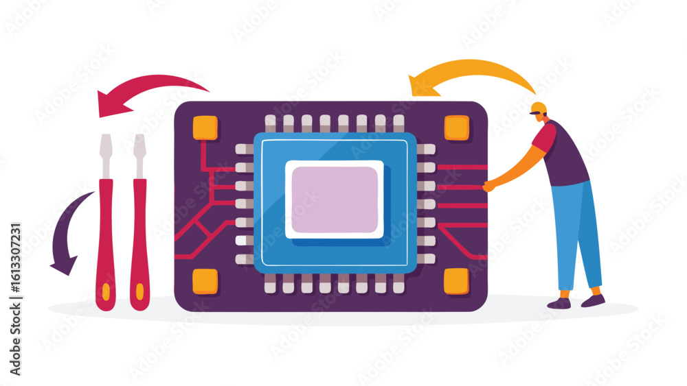 Poster illustration of a man working on a large microchip with tools and arrows indicating direction
