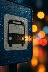 Close-up of wet bus stop sign with raindrops and colorful city lights in the background at night.

