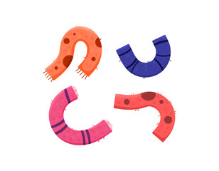 Illustration of a collection or set of scarves. Variations, various scarf motifs and colors in red, blue, and orange. Flat design style. Asset elements. White background.