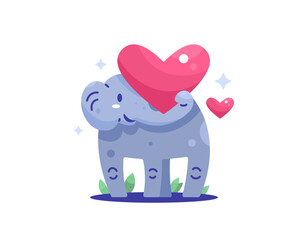 A concept for World Elephant Day. Awareness of elephant conservation and protection. Illustration of an elephant holding a heart symbol. Conservation, support, love. Flat style design