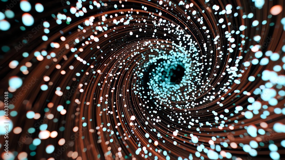 Poster a mesmerizing swirl of glowing particles in a vortex pattern, showcasing digital art.