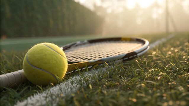 Yellow tennis ball on green grass beside racket with blurred court and sunlit trees creating a serene sports environment - Powered by Adobe