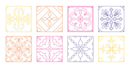 Linear retro vintage geometric pattern. Mediterranean tiles. Hand drawn line art. Flower power. Floral squares, patches, shapes, figures. Colorful mosaic. Arabic contour. Coloring book. Vector.