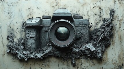 Weathered dark camera sculpture emerging from a distressed textured background symbolizing vintage photography artistic creativity and the timeless strength of durable design and visual storytelling