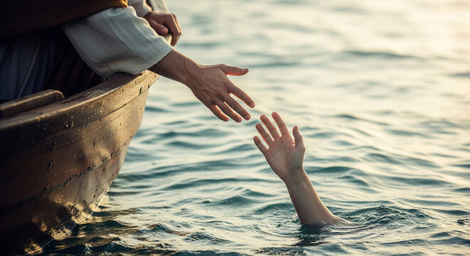 Close-up symbolizing the hand of Jesus, which from the boat saves the hand of a drowning man. Miracle of saving the life of Jesus Christ, the Son of God, salvation from drowning. Christmas, Easter, lo