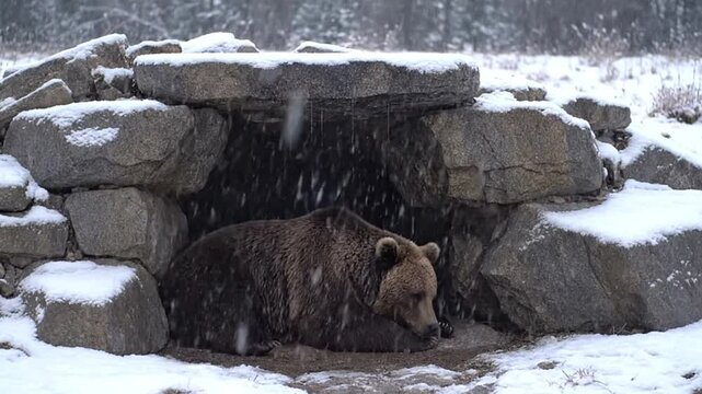 A brown bear lies in a rock shelter while snow falls around it