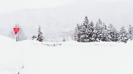 Shirakawa, Japan - 22 February 2025: View of a serene, snow-laden landscape where the red sign stands out against the endless expanse of white, encapsulating the quiet stillness of a winter's day.