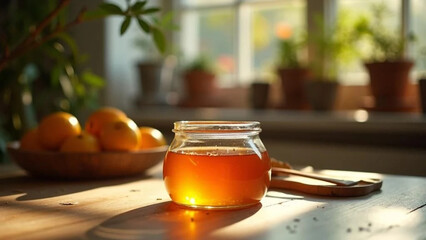 Honey in a glass jar on the table. Close up. 