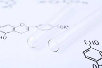 Test tubes on paper with chemical formulas, closeup