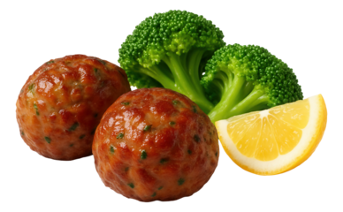 Round meatball covered in a thick, dark gravy, resting on a small, square white plate.