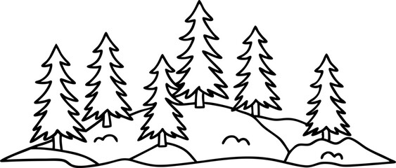 Obraz premium Pine trees on rocky hillside outline evergreen forest landscape, simple nature coloring page illustration