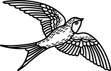 Fototapeta premium Swallow bird illustration in flight black white line art, graceful wings, streamlined body, hand drawn animal graphic