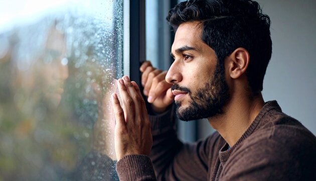 Moody and atmospheric portrait of a person leaning against a rainy window, with a handprint on the fogged glass.

