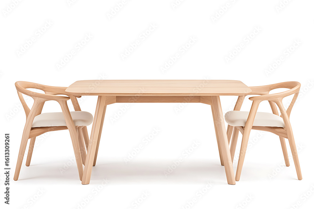 Poster light wood dining set featuring a simple rectangular table and two coordinating chairs with curved b