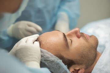 Hair transplant procedure takes place in a modern clinic with a patient receiving care from a skilled technician during a focused session