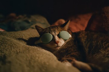 Cat enjoying a spa-like experience with a face roller resting on its cheeks in a cozy, dimly lit room
