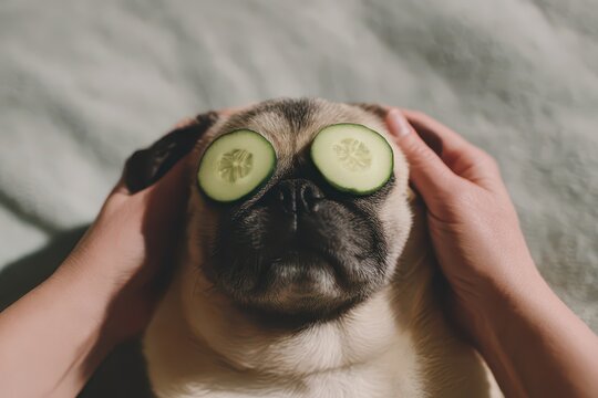 Relaxing pug receives soothing cucumber treatment in beauty salon setting during a pampering session