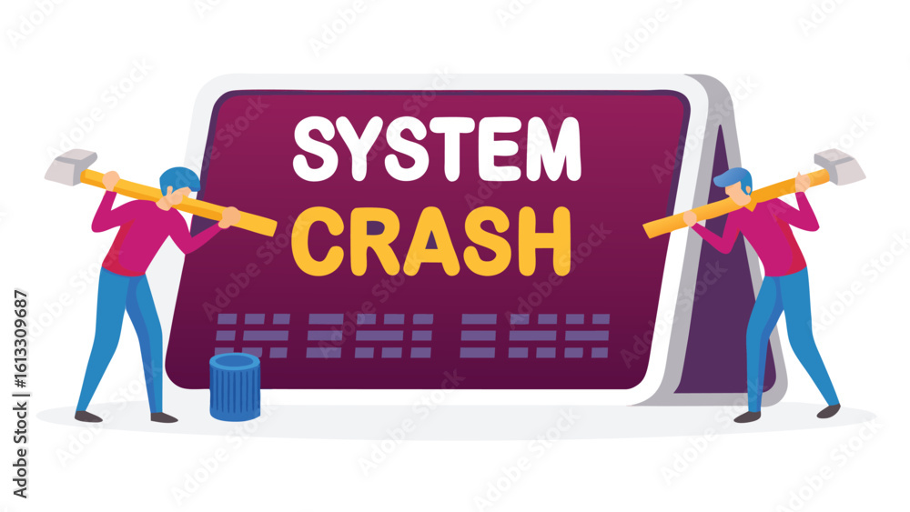 Poster two people with hammers facing a system crash message on a purple screen with a blue trash can near