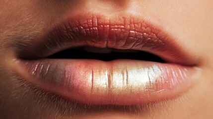 Fototapeta premium Close-up of beautifully glossed lips showcasing a gradient of colors and textures.