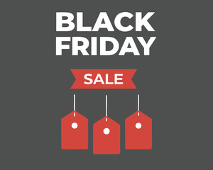 White Black Friday text features red sale banner and hanging tags against a gray background