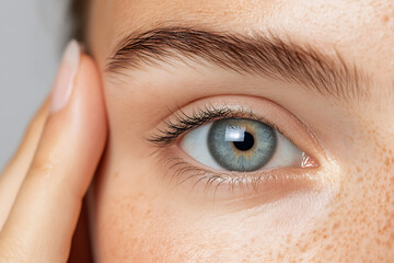 Obraz premium Close-up of a captivating blue eye with long lashes, framed by a natural eyebrow. Subtle freckles and a gentle touch enhance the image's focus on natural beauty.