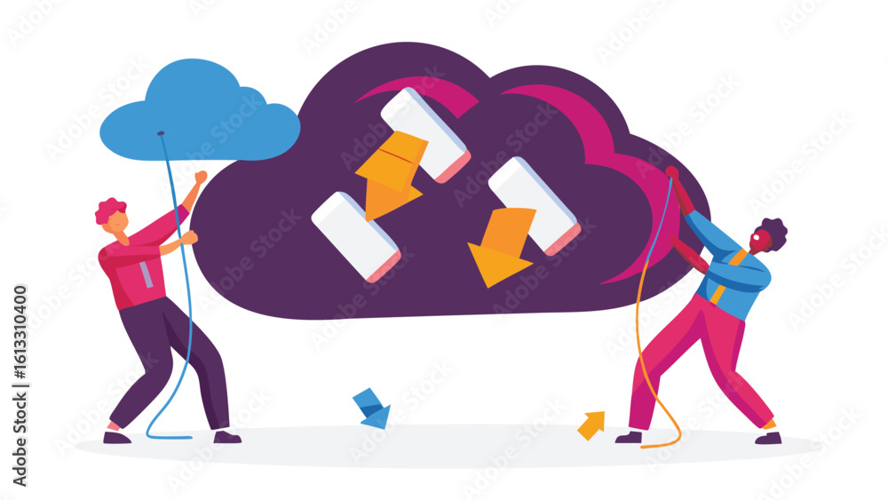 Poster two people pulling ropes attached to clouds with arrows indicating data transfer and storage process