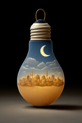 Surreal image of light bulb featuring cityscape with domes and minarets under crescent moon, blending creativity and imagination