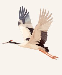 Graceful crane with outstretched wings is flying against light background, showcasing its elegant plumage and long legs. bird dynamic pose conveys sense of freedom and movement
