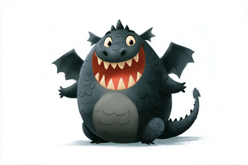 Cheerful cartoon dragon with round body, large eyes, and small wings stands happily. Its dark scales and wide smile create playful and friendly appearance