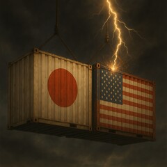 Two shipping containers, one painted Japan flag and the other is the American flag with Thunder. Global trade disputes, tariff conflicts, and trade war concept