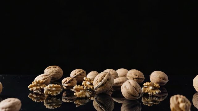 Flying walnuts in motion captured against black background as health food concept