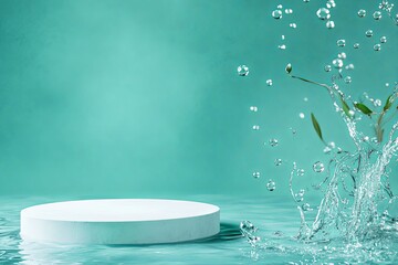 Empty white pedestal floating in water on a fresh teal background. Splashes of the water and sea weeds are around. Minimalistic photo style for cosmetic product presentation.
