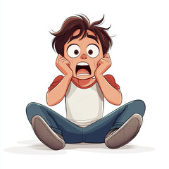 Cartoon character with anxious expression sits cross legged, wearing red and white shirt and blue jeans, against white background. character wide eyes and open mouth convey surprise or fear