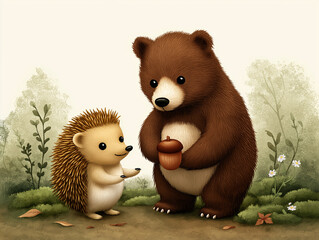 Cute bear holding acorn shares moment with small hedgehog in forest setting, surrounded by plants and fallen leaves, creating warm and friendly atmosphere