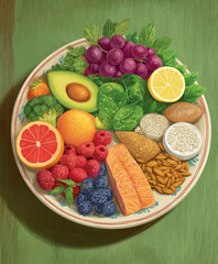 Colorful plate filled with nutritious foods including salmon, avocado, berries, citrus fruits, leafy greens, and nuts, promoting healthy lifestyle