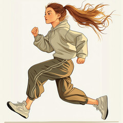 Young woman with determined expression is running energetically, wearing hoodie and joggers. Her long hair flows behind her as she moves forward, showcasing athleticism and focus