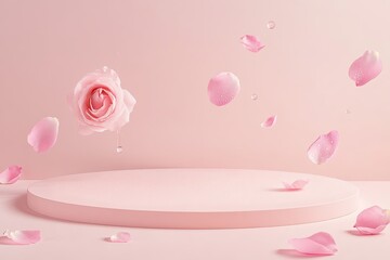 Sort pink oval empty pedestal on a blush pink background surrounded by rose petals floating in mid-air. Minimalistic photo style for cosmetic product presentation.