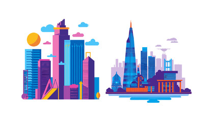 Dynamic cityscapes illustration with vibrant colors and modern design elements showcasing urban architecture and skyline views for innovative projects