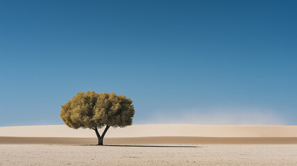 Solitary tree stands in vast desert landscape under clear blue sky, evoking sense of isolation and tranquility. sand dunes stretch into distance, creating serene and minimalist scene