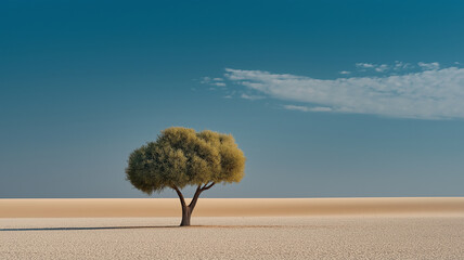 Solitary tree stands in vast desert landscape under clear blue sky, evoking sense of tranquility and isolation. barren sand stretches endlessly, contrasting with vibrant green of tree