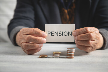 Elderly woman with a Pension message.